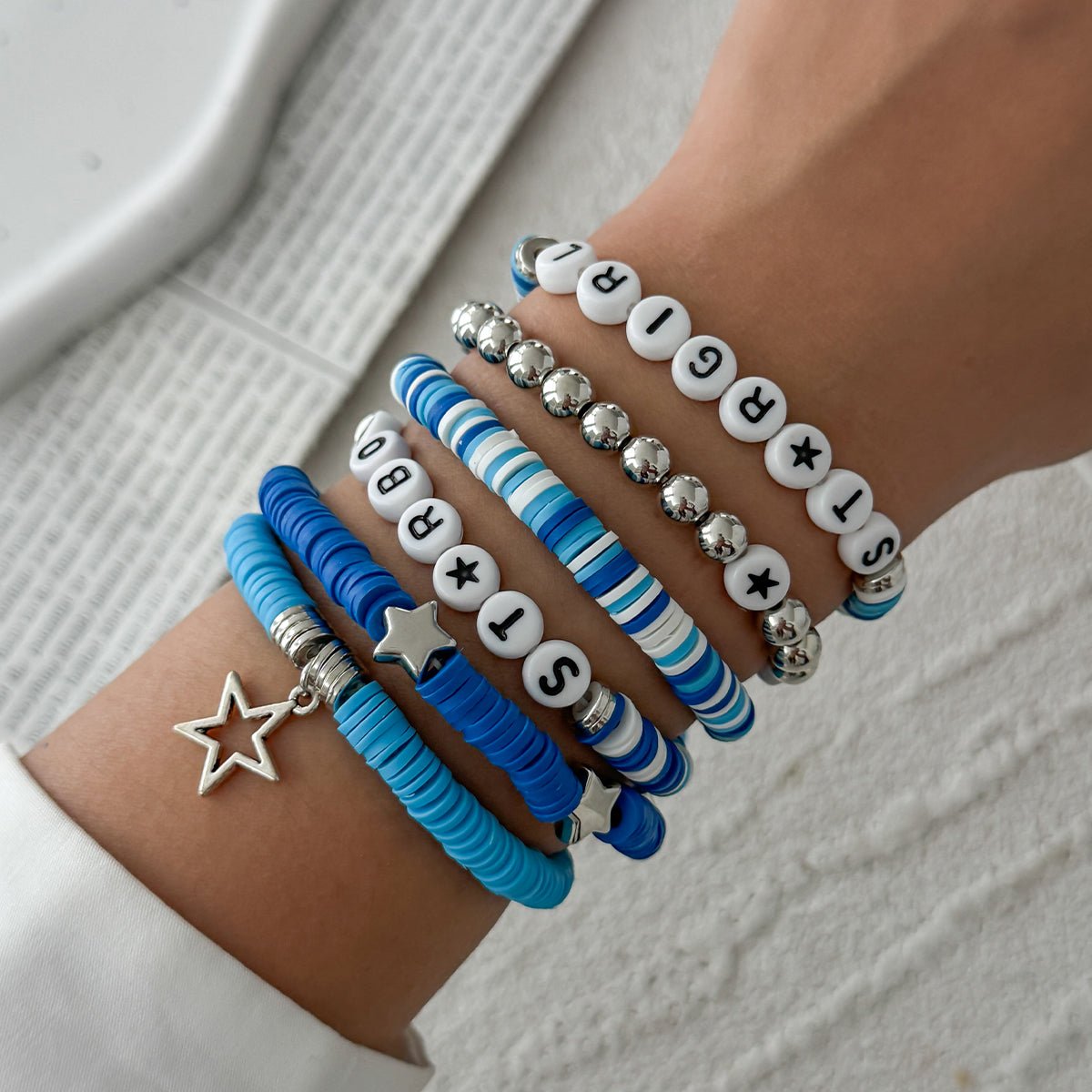 Ocean Blue Polymer Clay Beaded Bracelet Set Star Letter Charm - ArtGalleryZen