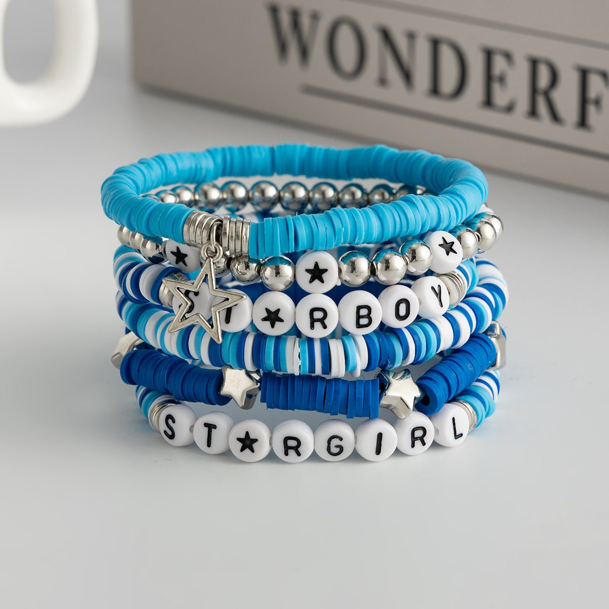 Ocean Blue Polymer Clay Beaded Bracelet Set Star Letter Charm - ArtGalleryZen