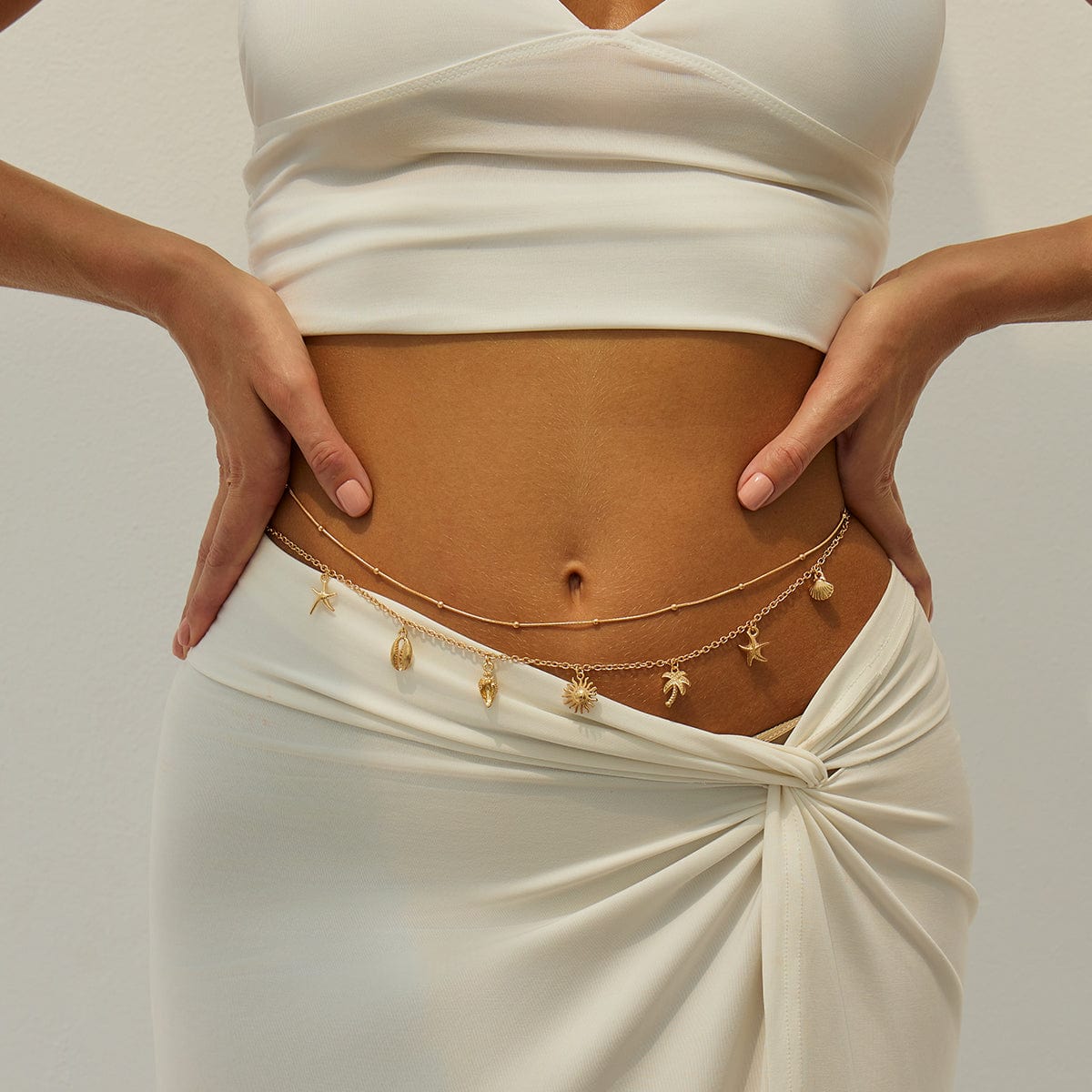 Ocean Style 2pcs Sun Conch Coconut Tree Tassel Waist Chain Set - ArtGalleryZen