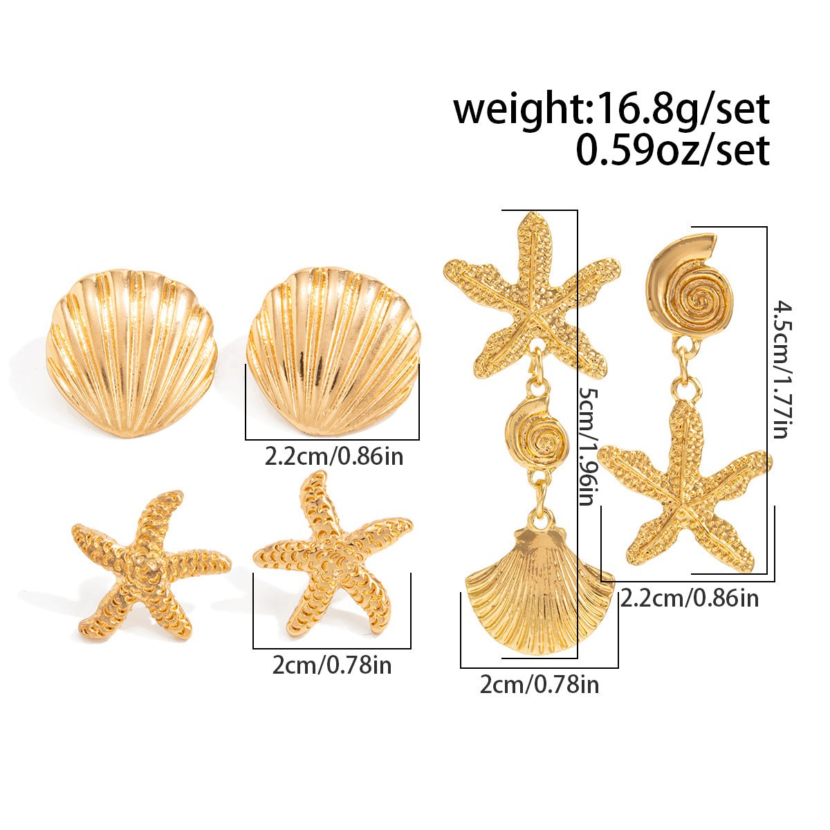 Ocean Style 3 Pairs Conch Shell Starfish Dangle Earrings Set - ArtGalleryZen