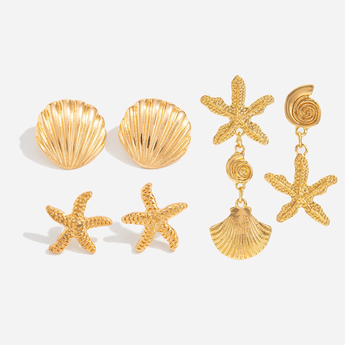 Ocean Style 3 Pairs Conch Shell Starfish Dangle Earrings Set - ArtGalleryZen