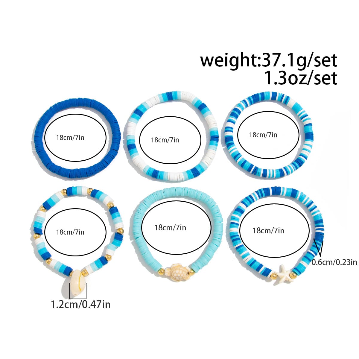 Ocean Style 6pcs Conch Turtle Starfish Polymer Clay Letter Beaded Bracelet Set - ArtGalleryZen