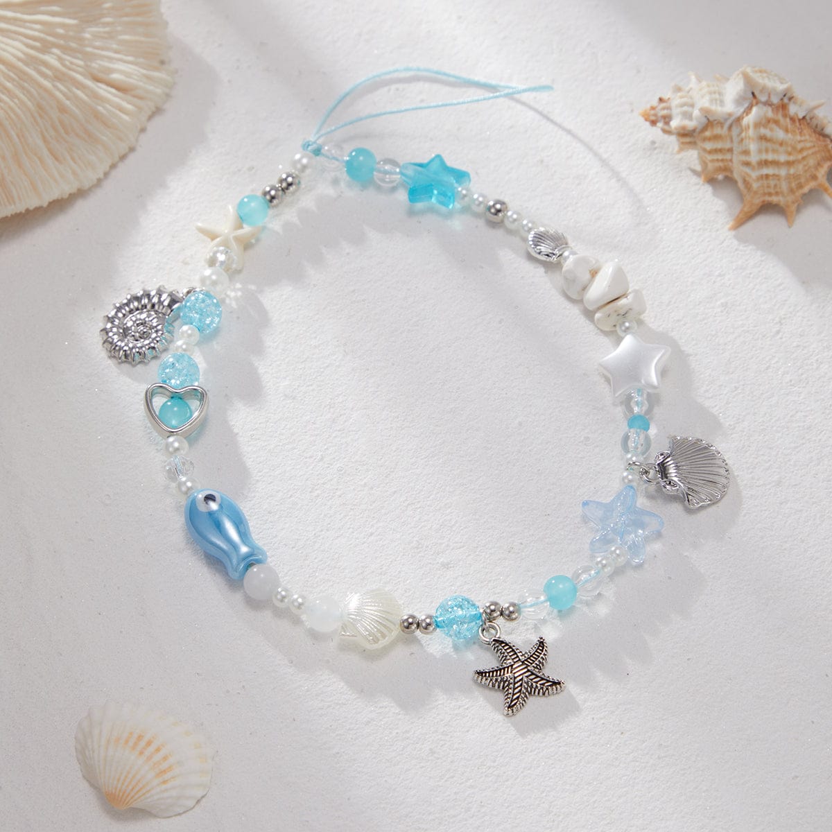 Ocean Style Ceramic Fish Shell Charm Pearl Beaded Keychain Phone Strap - ArtGalleryZen