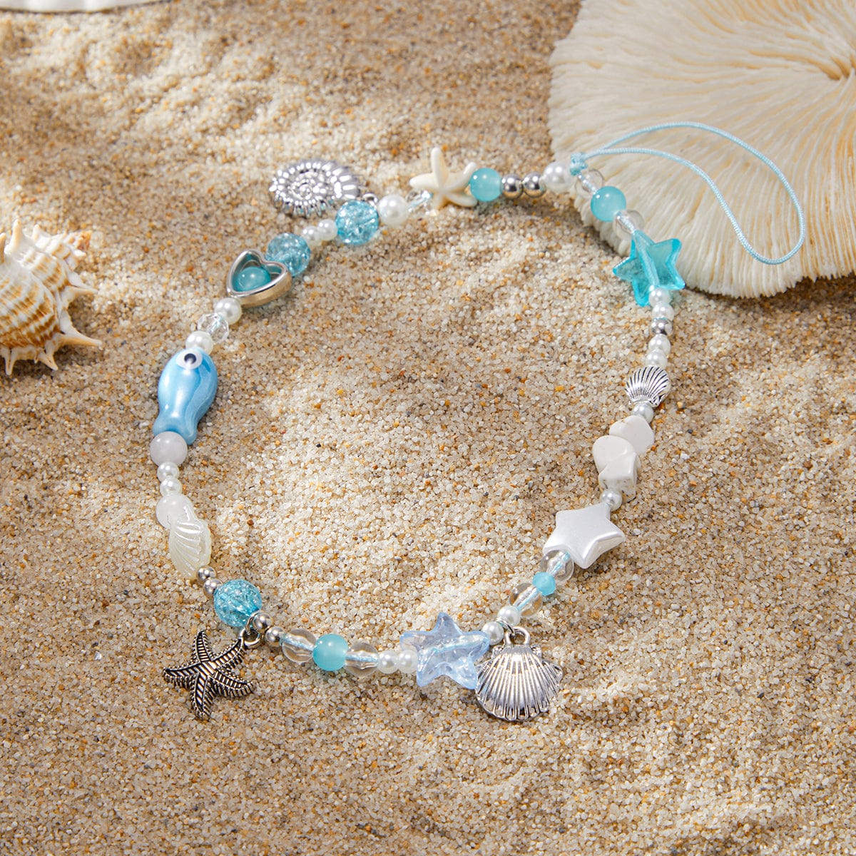 Ocean Style Ceramic Fish Shell Charm Pearl Beaded Keychain Phone Strap - ArtGalleryZen