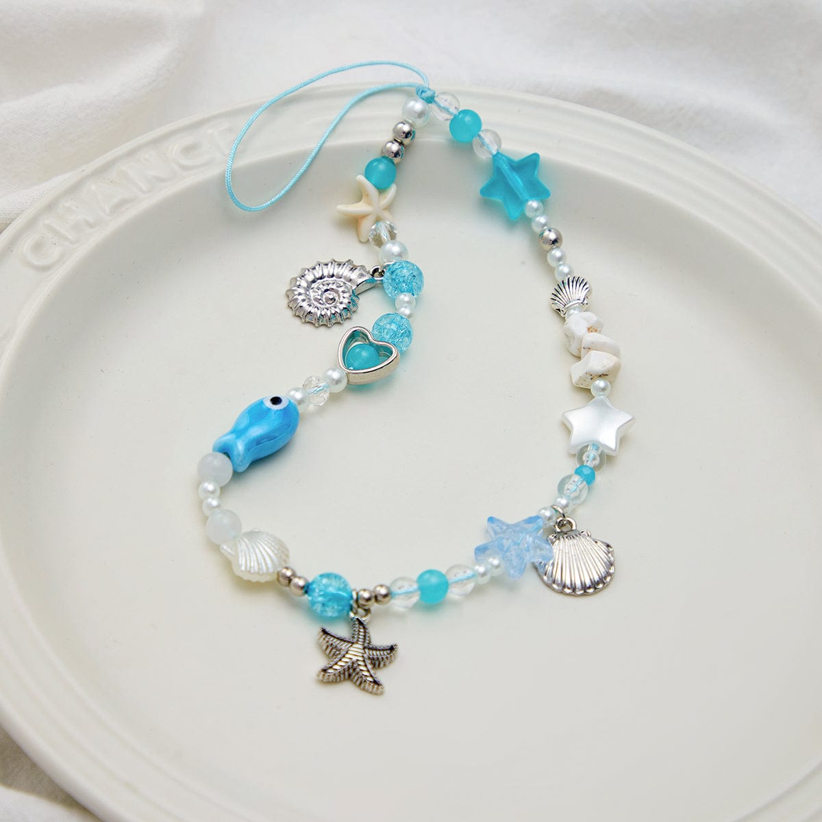 Ocean Style Ceramic Fish Shell Charm Pearl Beaded Keychain Phone Strap - ArtGalleryZen