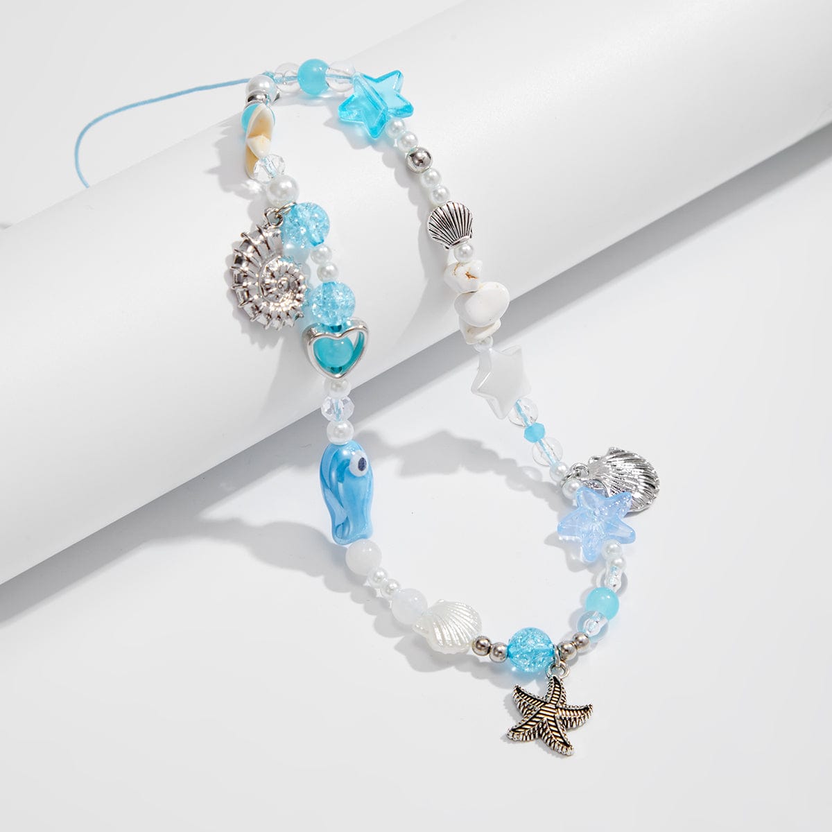 Ocean Style Ceramic Fish Shell Charm Pearl Beaded Keychain Phone Strap - ArtGalleryZen