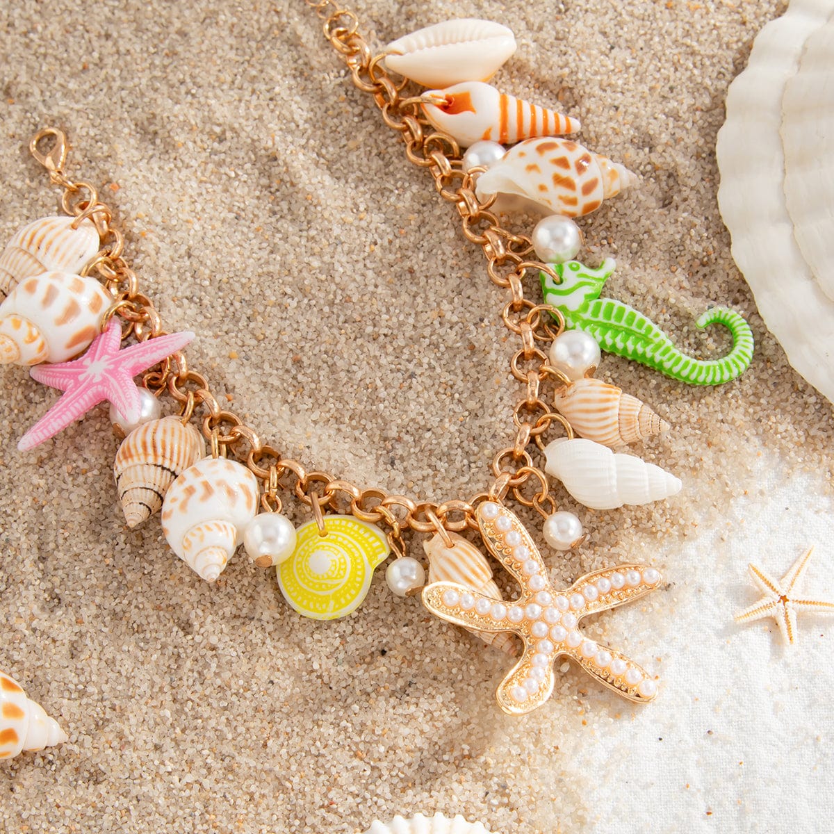 Ocean Style Conch Starfish Pearl Tassel Anklet - ArtGalleryZen