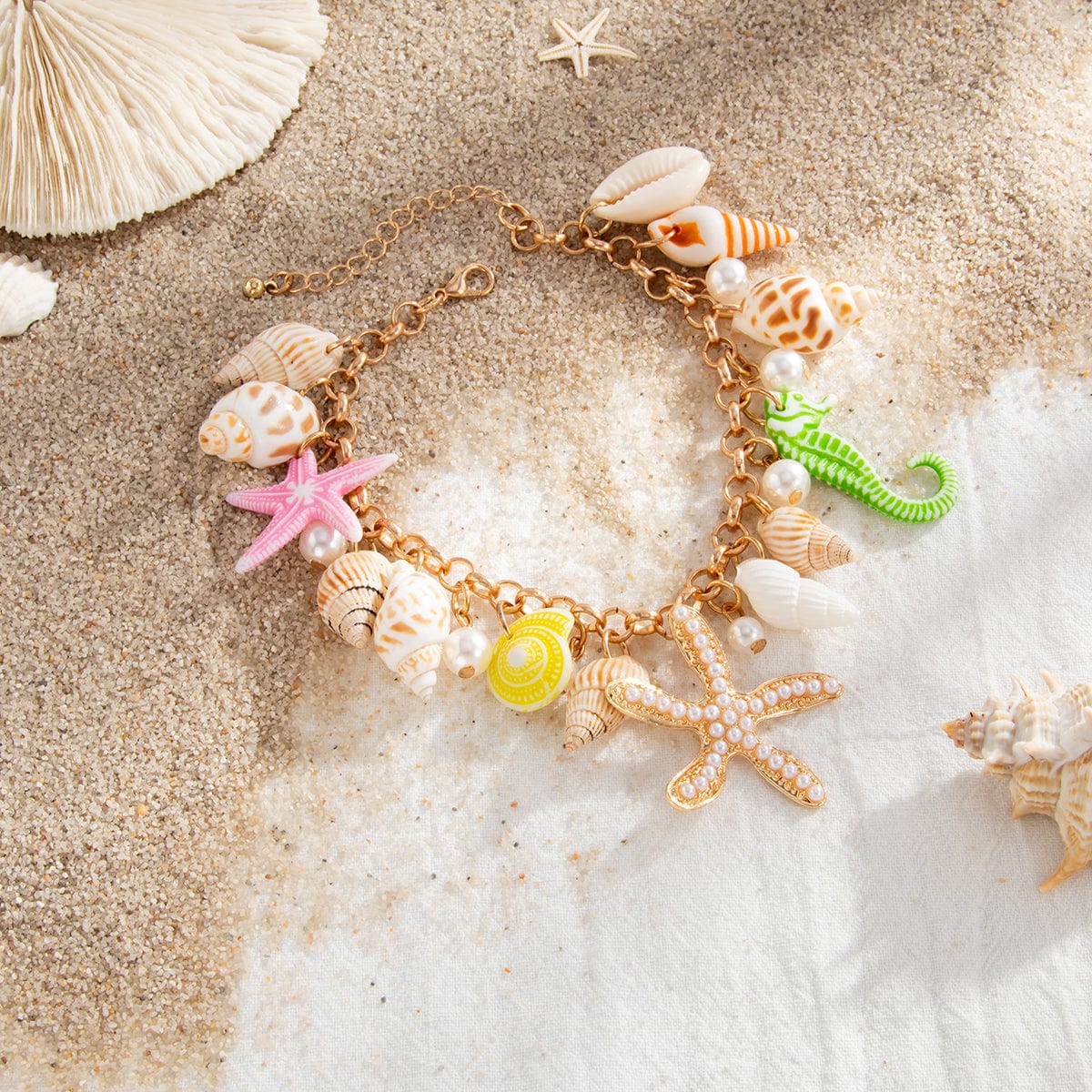 Ocean Style Conch Starfish Pearl Tassel Anklet - ArtGalleryZen