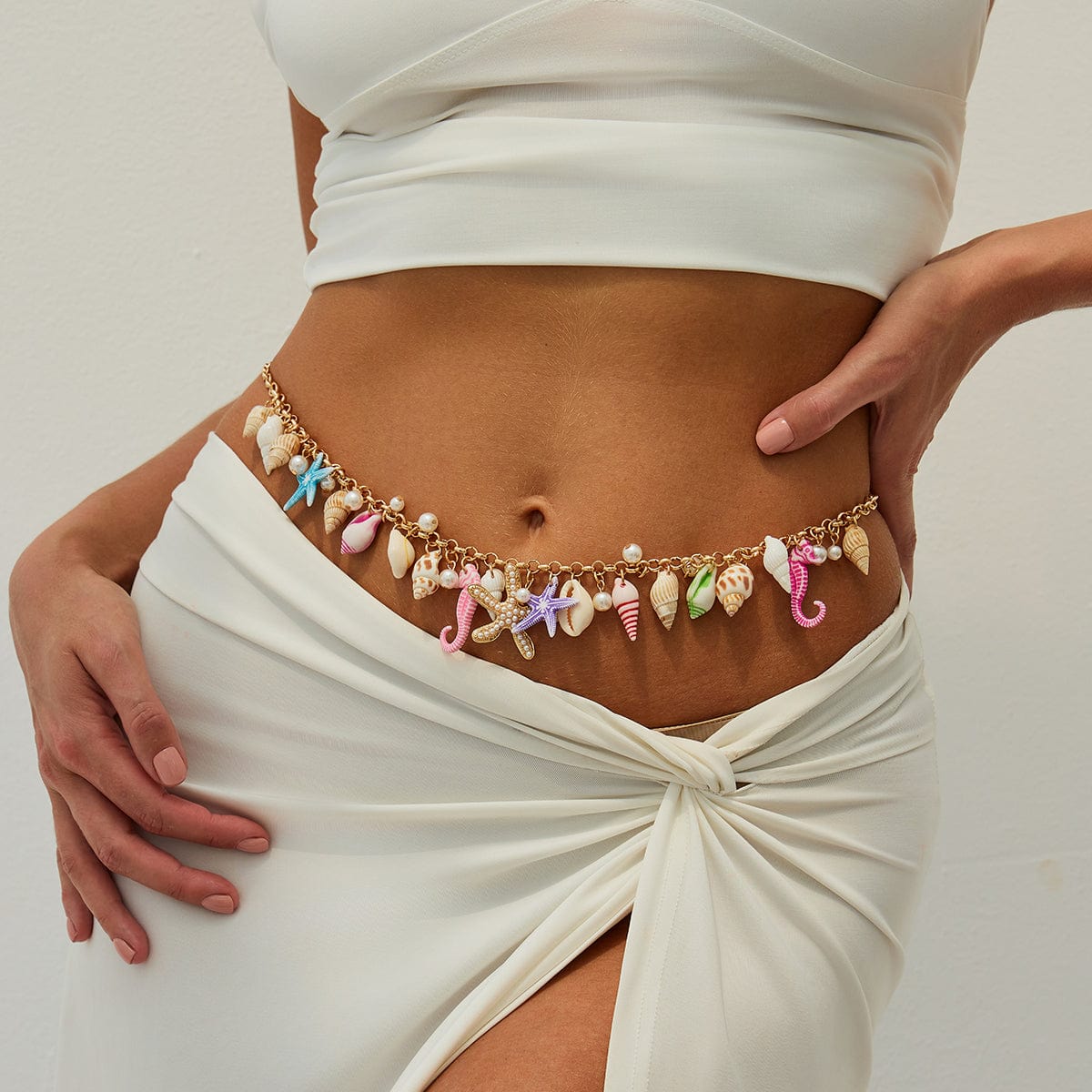 Ocean Style Conch Starfish Pearl Tassel Waist Chain - ArtGalleryZen