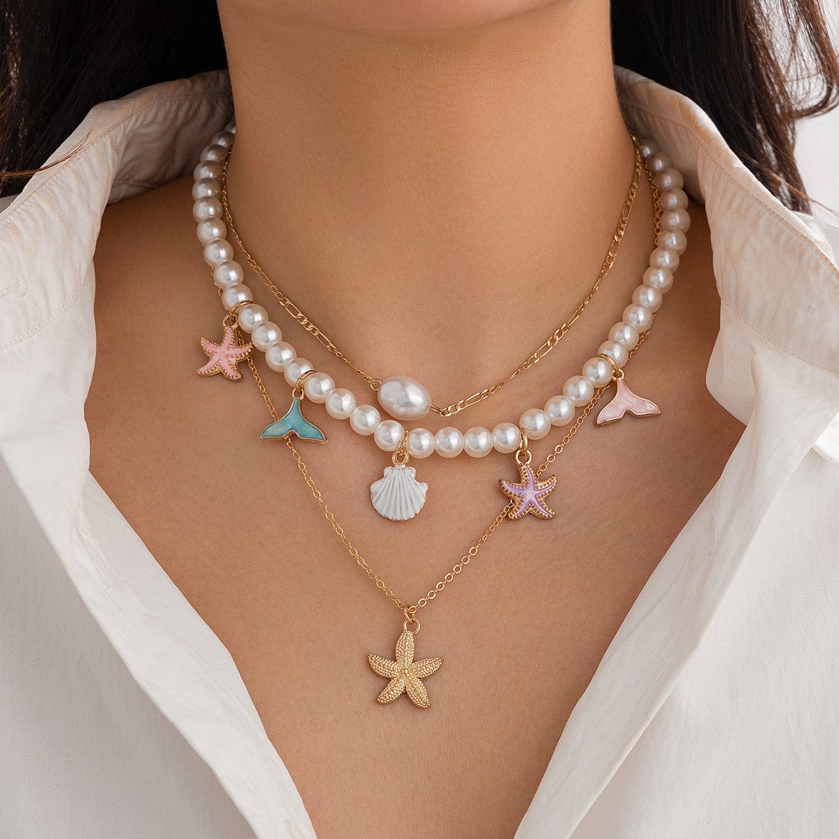 Ocean Style Layered Enamel Starfish Mermaid Pendant Pearl Chain Necklace Set - ArtGalleryZen