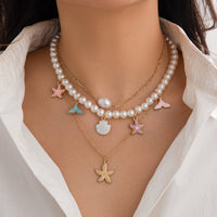Thumbnail for Ocean Style Layered Enamel Starfish Mermaid Pendant Pearl Chain Necklace Set - ArtGalleryZen