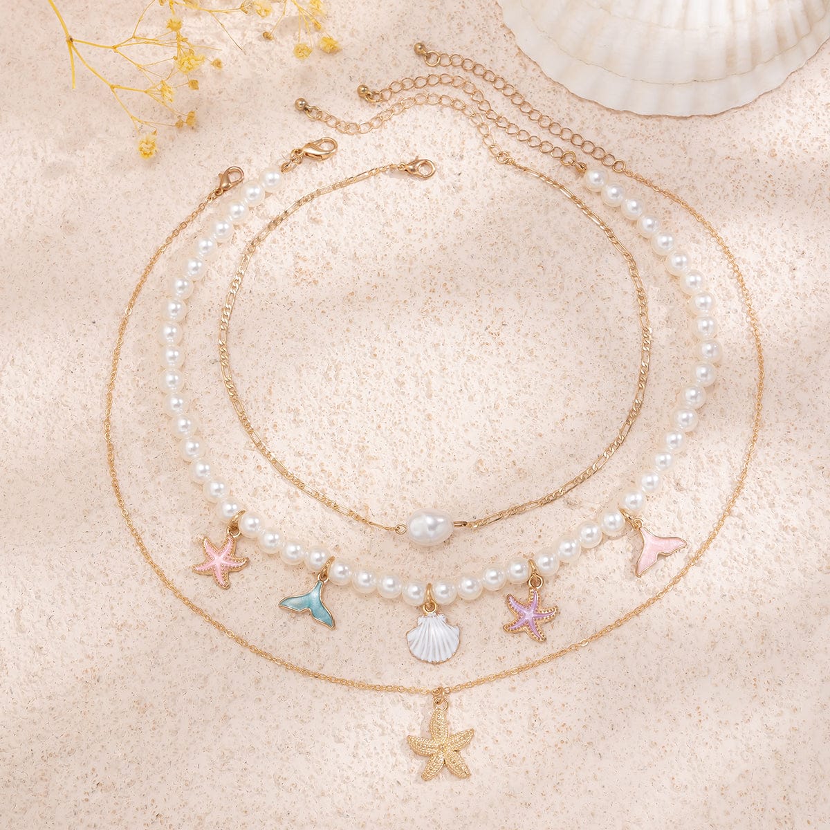 Ocean Style Layered Enamel Starfish Mermaid Pendant Pearl Chain Necklace Set - ArtGalleryZen