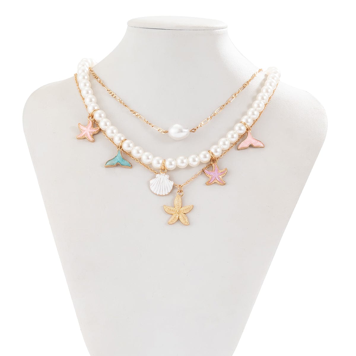 Ocean Style Layered Enamel Starfish Mermaid Pendant Pearl Chain Necklace Set - ArtGalleryZen