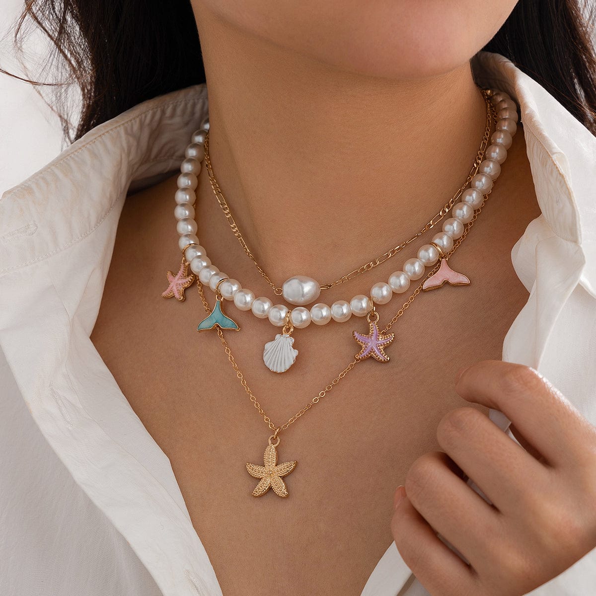 Ocean Style Layered Enamel Starfish Mermaid Pendant Pearl Chain Necklace Set - ArtGalleryZen