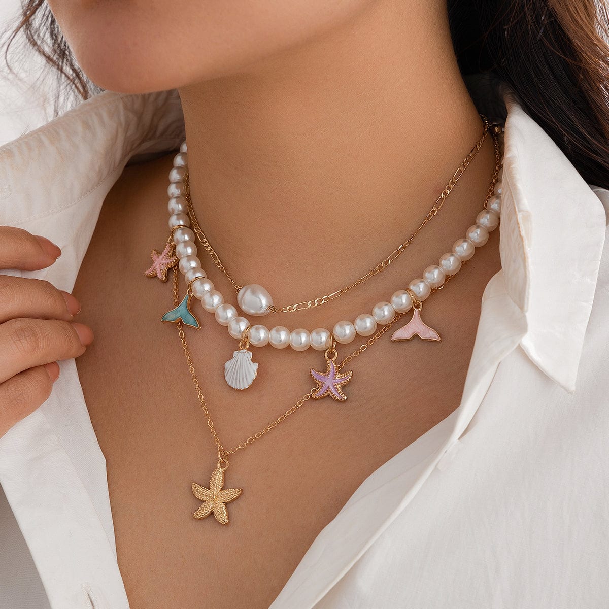 Ocean Style Layered Enamel Starfish Mermaid Pendant Pearl Chain Necklace Set