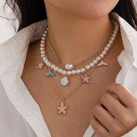 Thumbnail for Ocean Style Layered Enamel Starfish Mermaid Pendant Pearl Chain Necklace Set