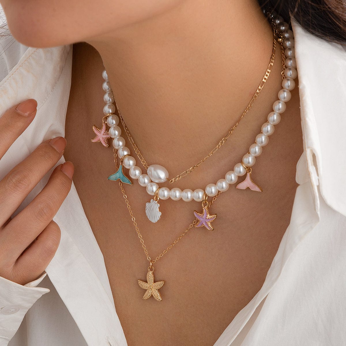 Ocean Style Layered Enamel Starfish Mermaid Pendant Pearl Chain Necklace Set