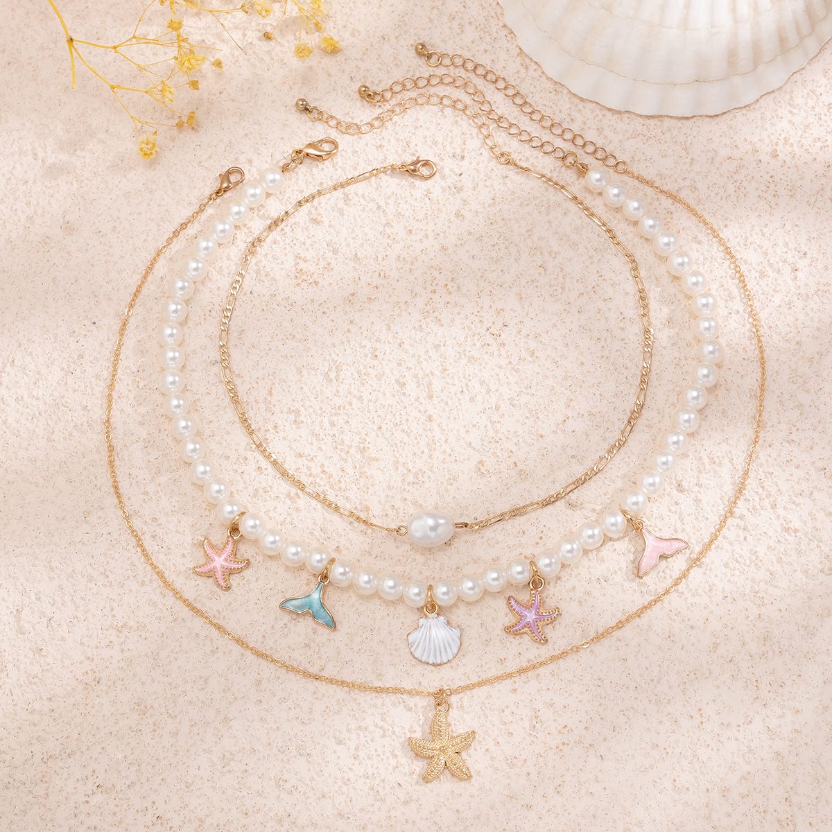 Ocean Style Layered Enamel Starfish Mermaid Pendant Pearl Chain Necklace Set