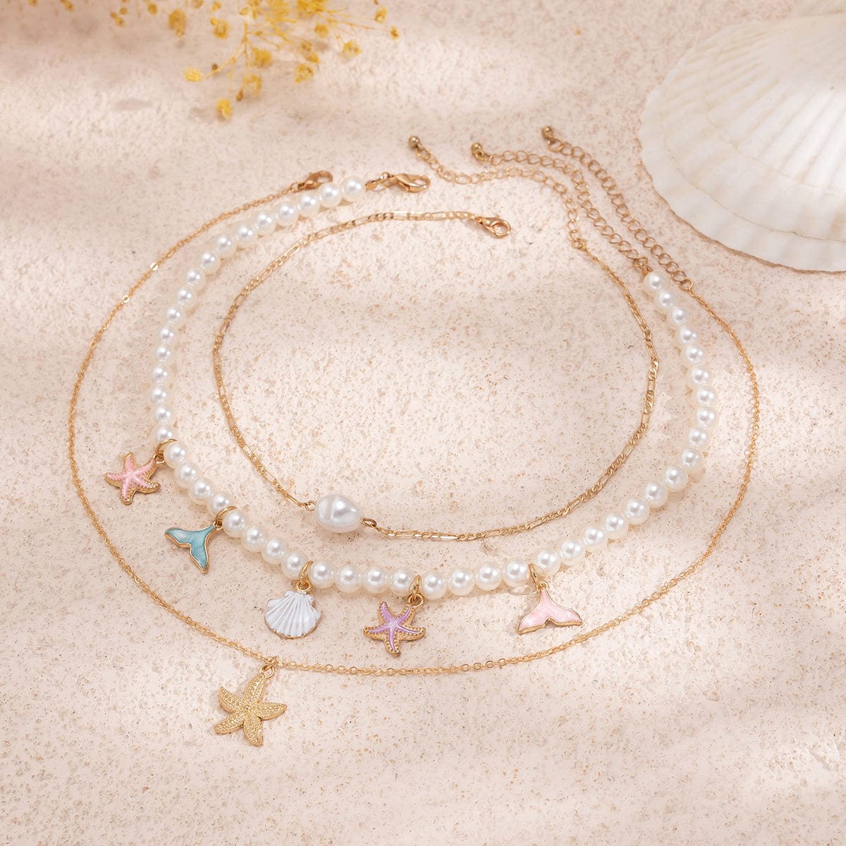 Ocean Style Layered Enamel Starfish Mermaid Pendant Pearl Chain Necklace Set