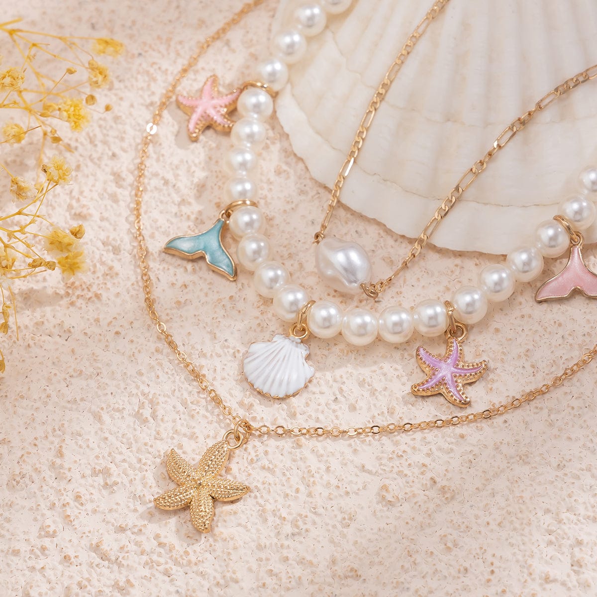 Ocean Style Layered Enamel Starfish Mermaid Pendant Pearl Chain Necklace Set