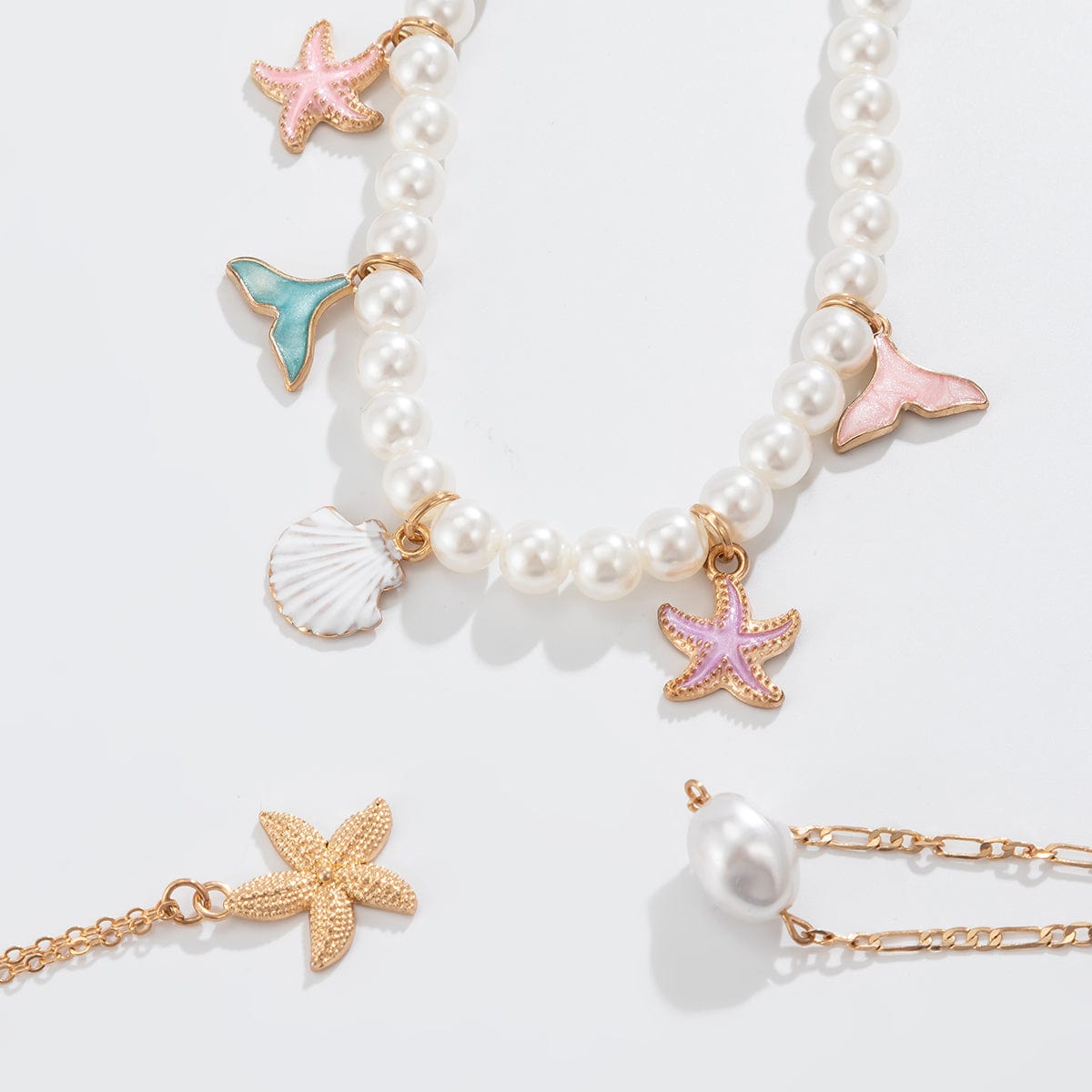 Ocean Style Layered Enamel Starfish Mermaid Pendant Pearl Chain Necklace Set