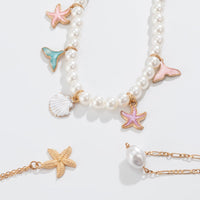 Thumbnail for Ocean Style Layered Enamel Starfish Mermaid Pendant Pearl Chain Necklace Set