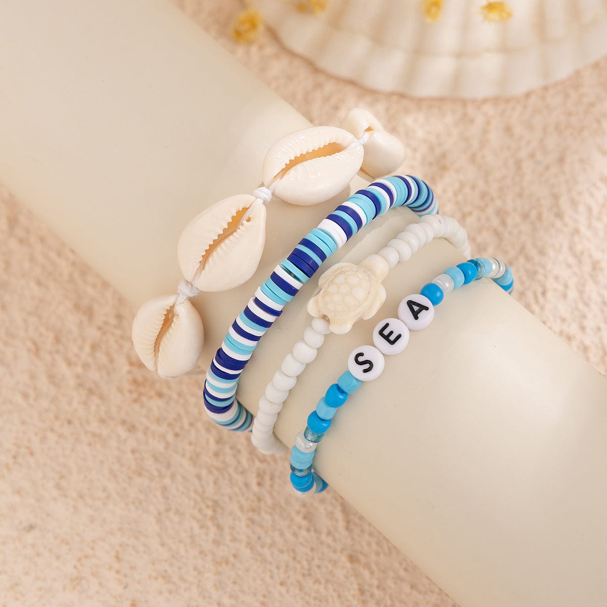 Ocean Style Shell Turtle Charm Polymer Clay Letter Beaded Bracelet Set