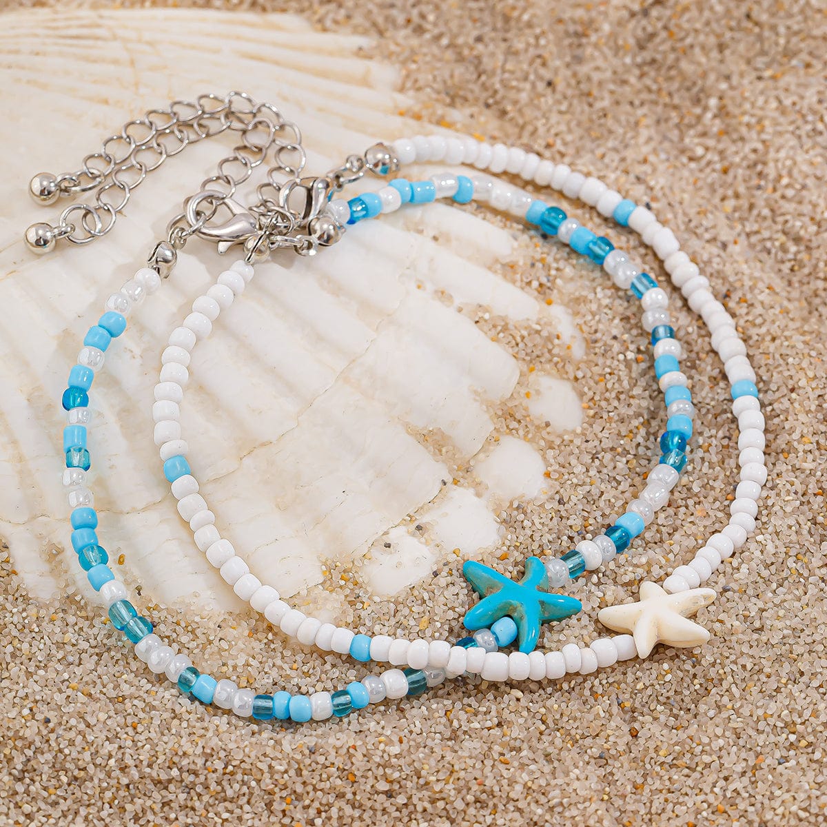 Ocean Style Starfish Crystal Seed Beaded Anklet Set