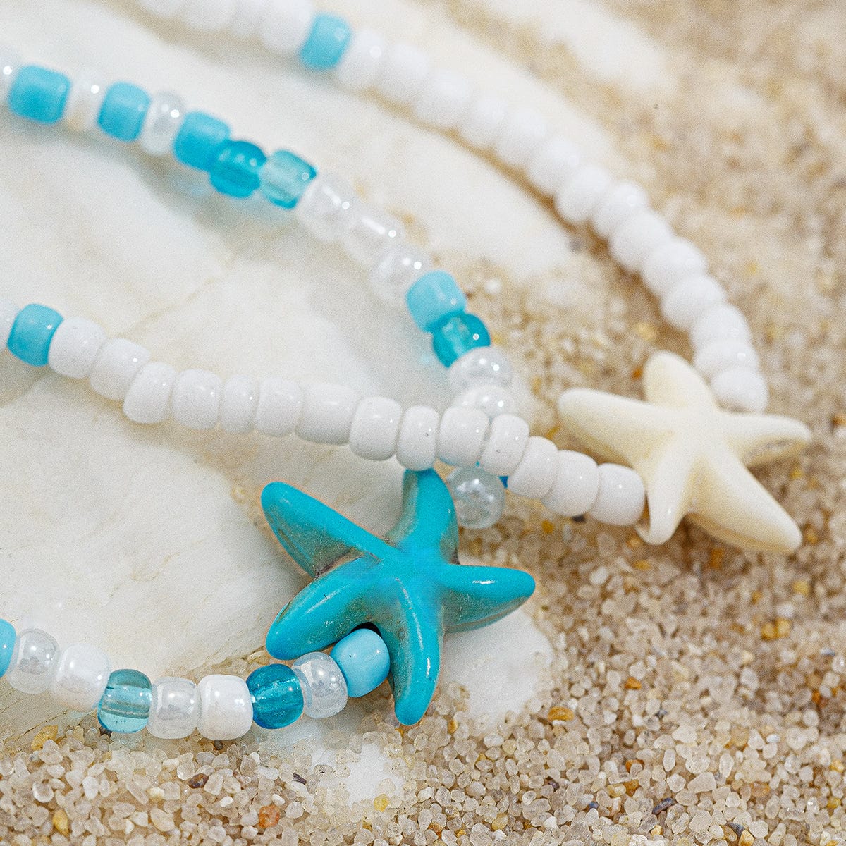 Ocean Style Starfish Crystal Seed Beaded Anklet Set