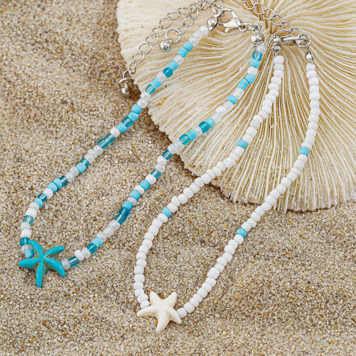 Ocean Style Starfish Crystal Seed Beaded Anklet Set