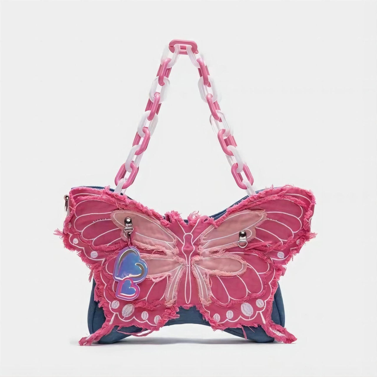 Original Pink Denim Butterfly Acrylic Chain Shoulder Crossbody Bag - ArtGalleryZen