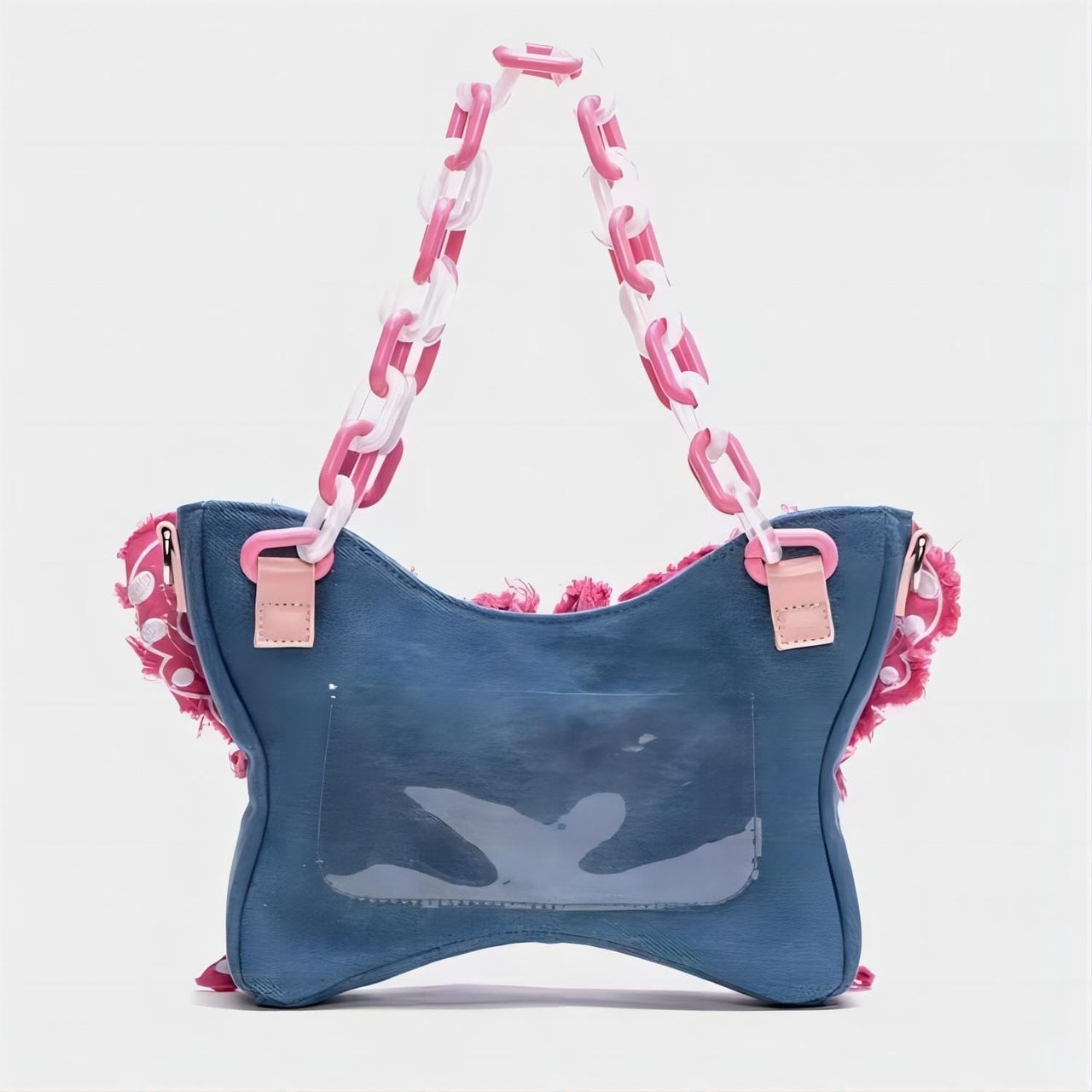 Original Pink Denim Butterfly Acrylic Chain Shoulder Crossbody Bag - ArtGalleryZen