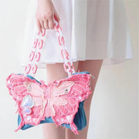 Thumbnail for Original Pink Denim Butterfly Acrylic Chain Shoulder Crossbody Bag - ArtGalleryZen