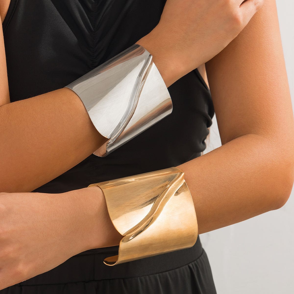 Oversized Gold Silver Tone Pleated Wide Cuff Bangle Bracelet