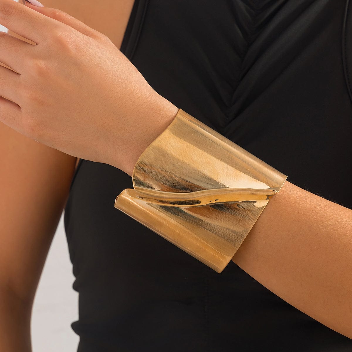 Oversized Gold Silver Tone Pleated Wide Cuff Bangle Bracelet