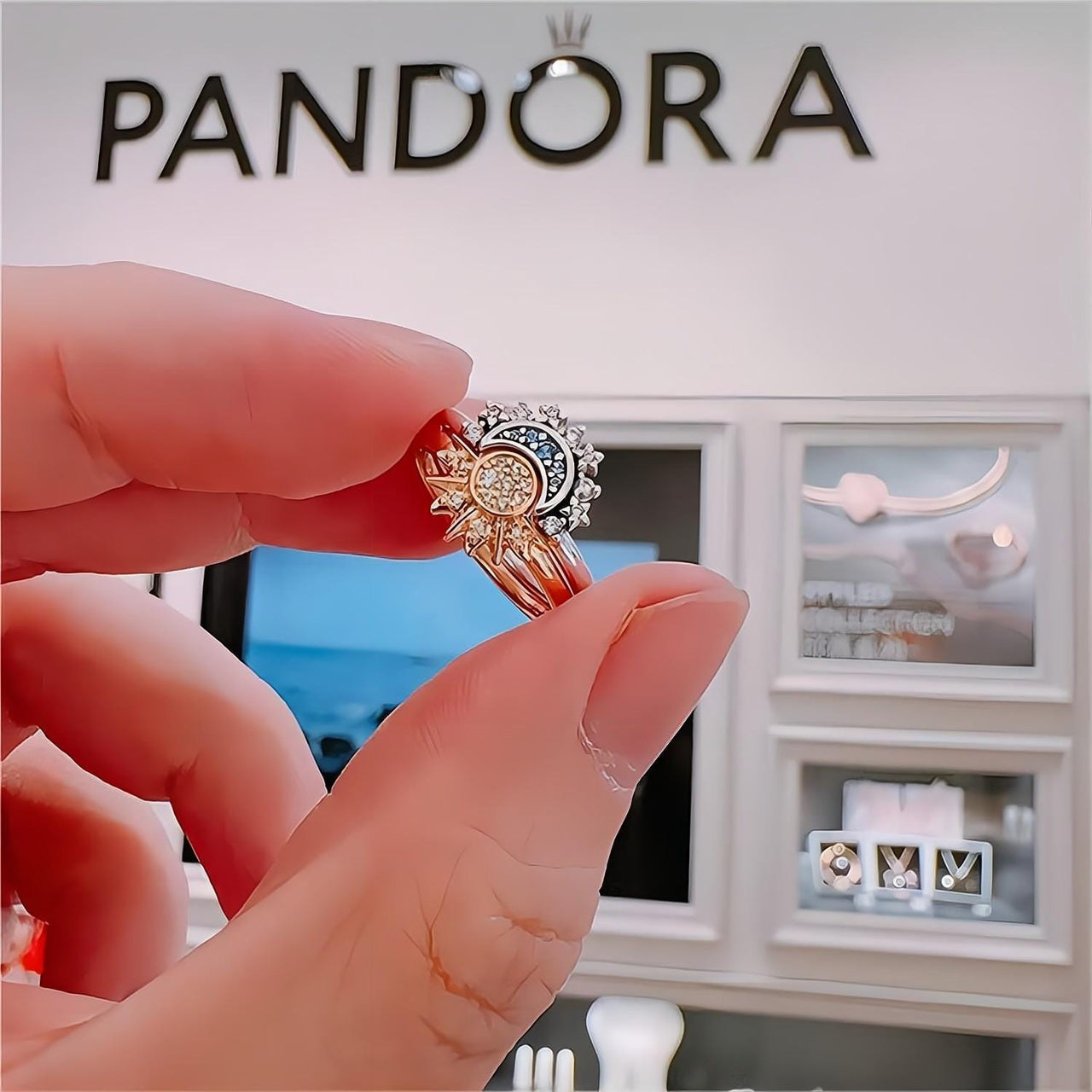 Pandora CZ Inlaid Sun And Moon Stackable Ring - ArtGalleryZen