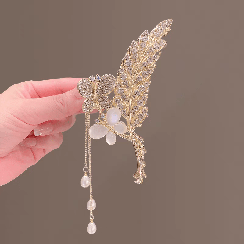 Pearl Chain Tassel Floral Butterfly Chignon Claw Clip Hair Clip - ArtGalleryZen