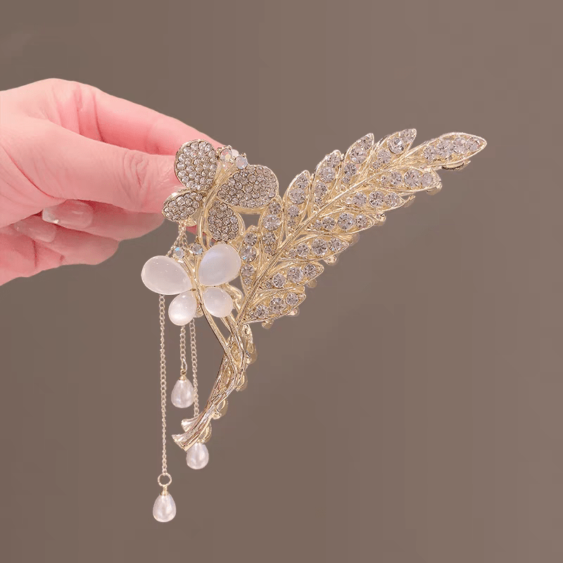 Pearl Chain Tassel Floral Butterfly Chignon Claw Clip Hair Clip - ArtGalleryZen