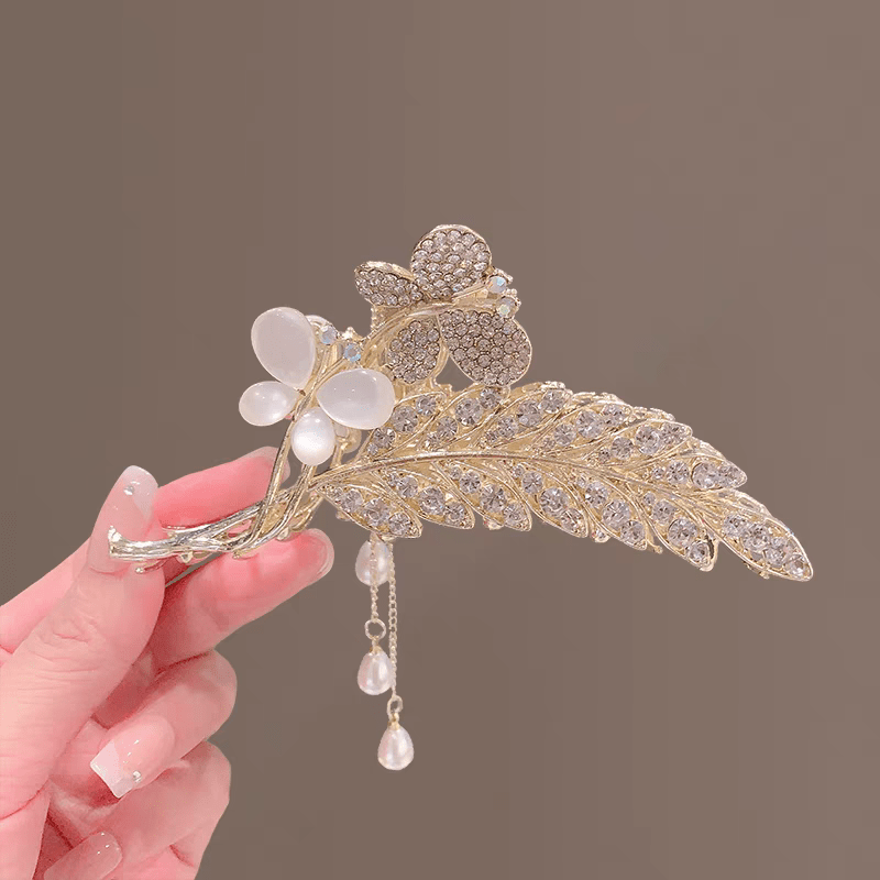 Pearl Chain Tassel Floral Butterfly Chignon Claw Clip Hair Clip - ArtGalleryZen