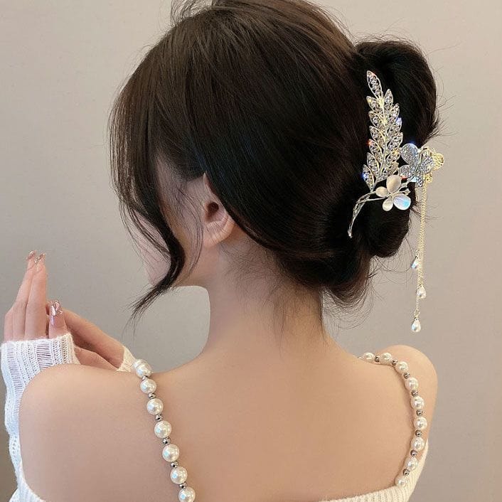 Pearl Chain Tassel Floral Butterfly Chignon Claw Clip Hair Clip - ArtGalleryZen