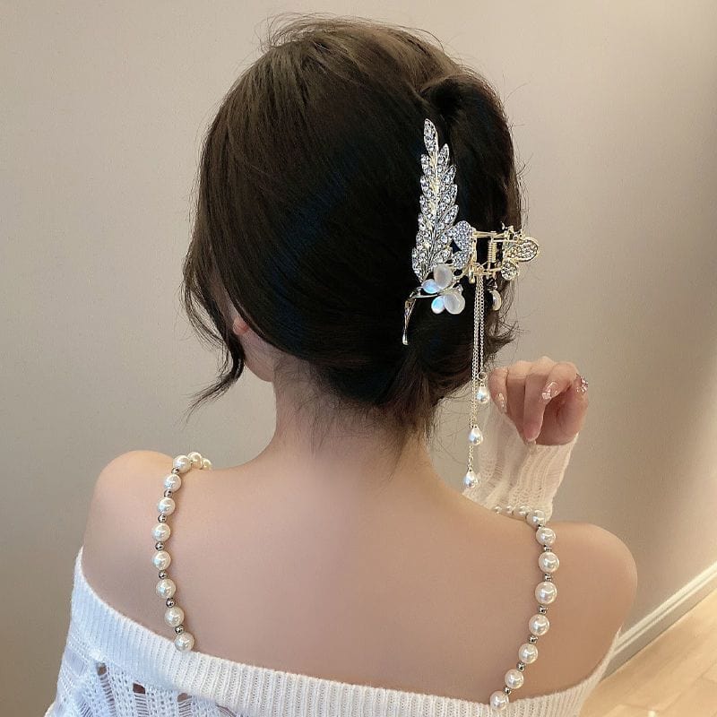 Pearl Chain Tassel Floral Butterfly Chignon Claw Clip Hair Clip - ArtGalleryZen