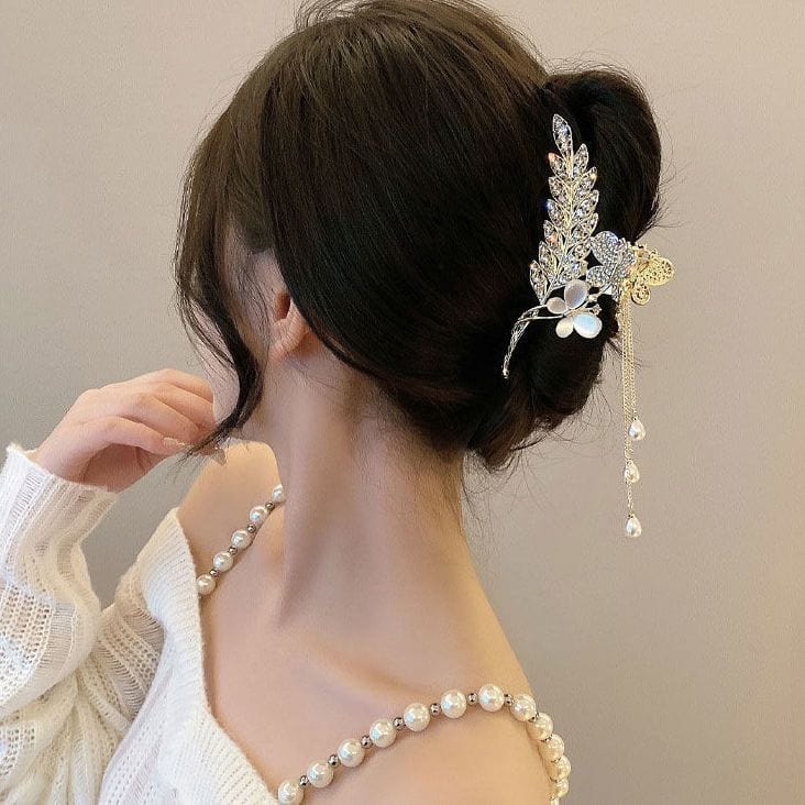 Pearl Chain Tassel Floral Butterfly Chignon Claw Clip Hair Clip - ArtGalleryZen