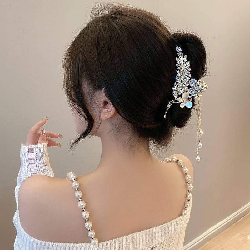 Pearl Chain Tassel Floral Butterfly Chignon Claw Clip Hair Clip - ArtGalleryZen