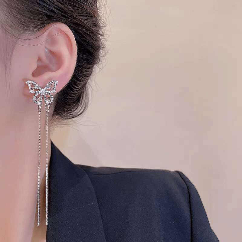 Pearl Inlaid Zircon Butterfly Tassel Earrings - ArtGalleryZen