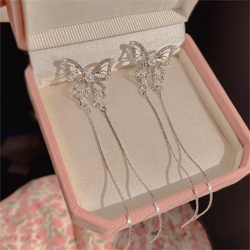 Pearl Inlaid Zircon Butterfly Tassel Earrings - ArtGalleryZen