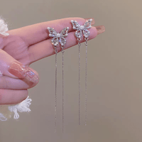 Thumbnail for Pearl Inlaid Zircon Butterfly Tassel Earrings - ArtGalleryZen