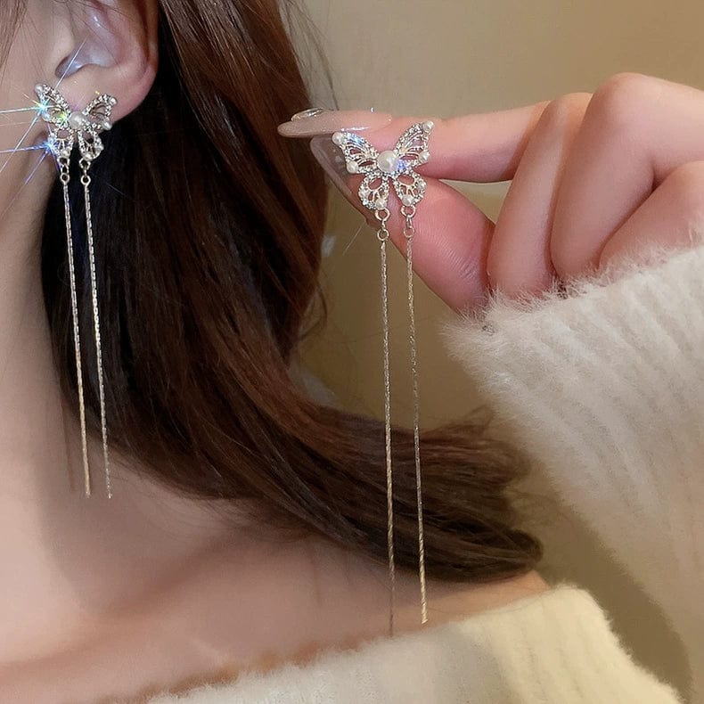 Pearl Inlaid Zircon Butterfly Tassel Earrings - ArtGalleryZen