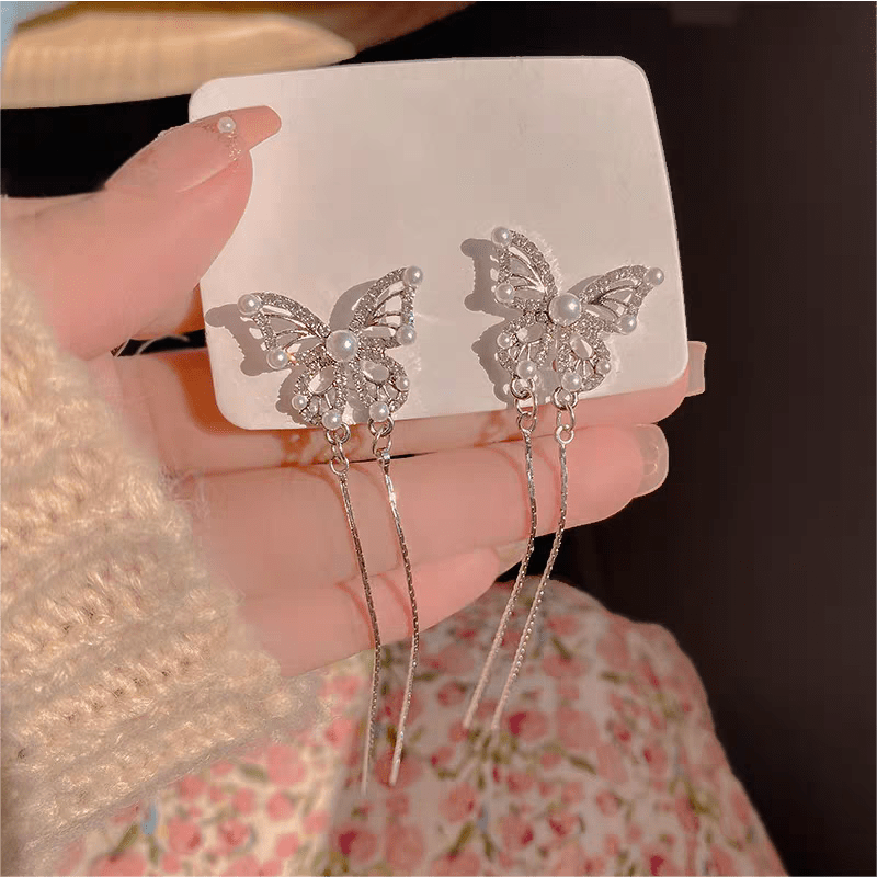 Pearl Inlaid Zircon Butterfly Tassel Earrings - ArtGalleryZen