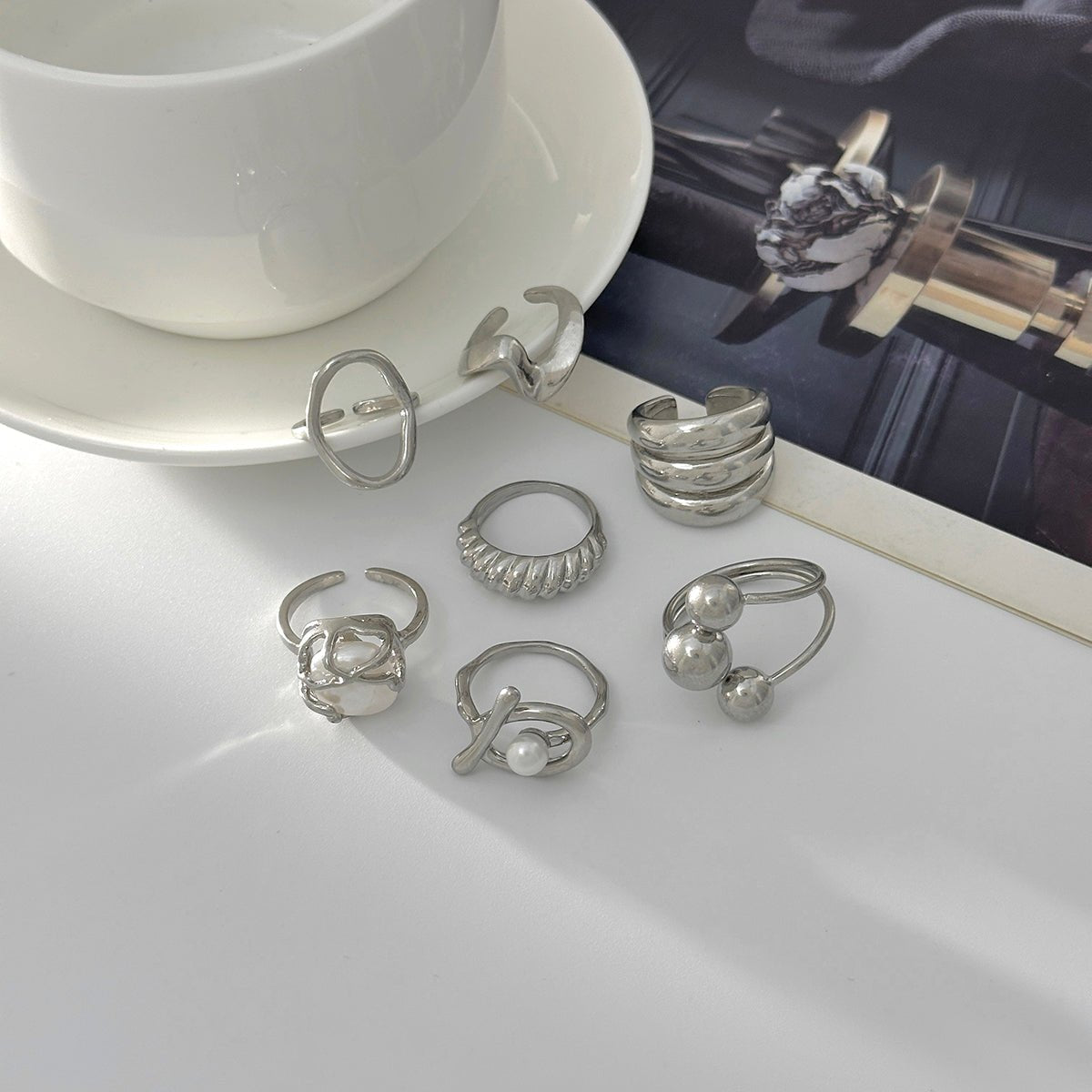 Pearl Ring Set 7pcs - Geometric Irregular Hollow Curved Statement - ArtGalleryZen