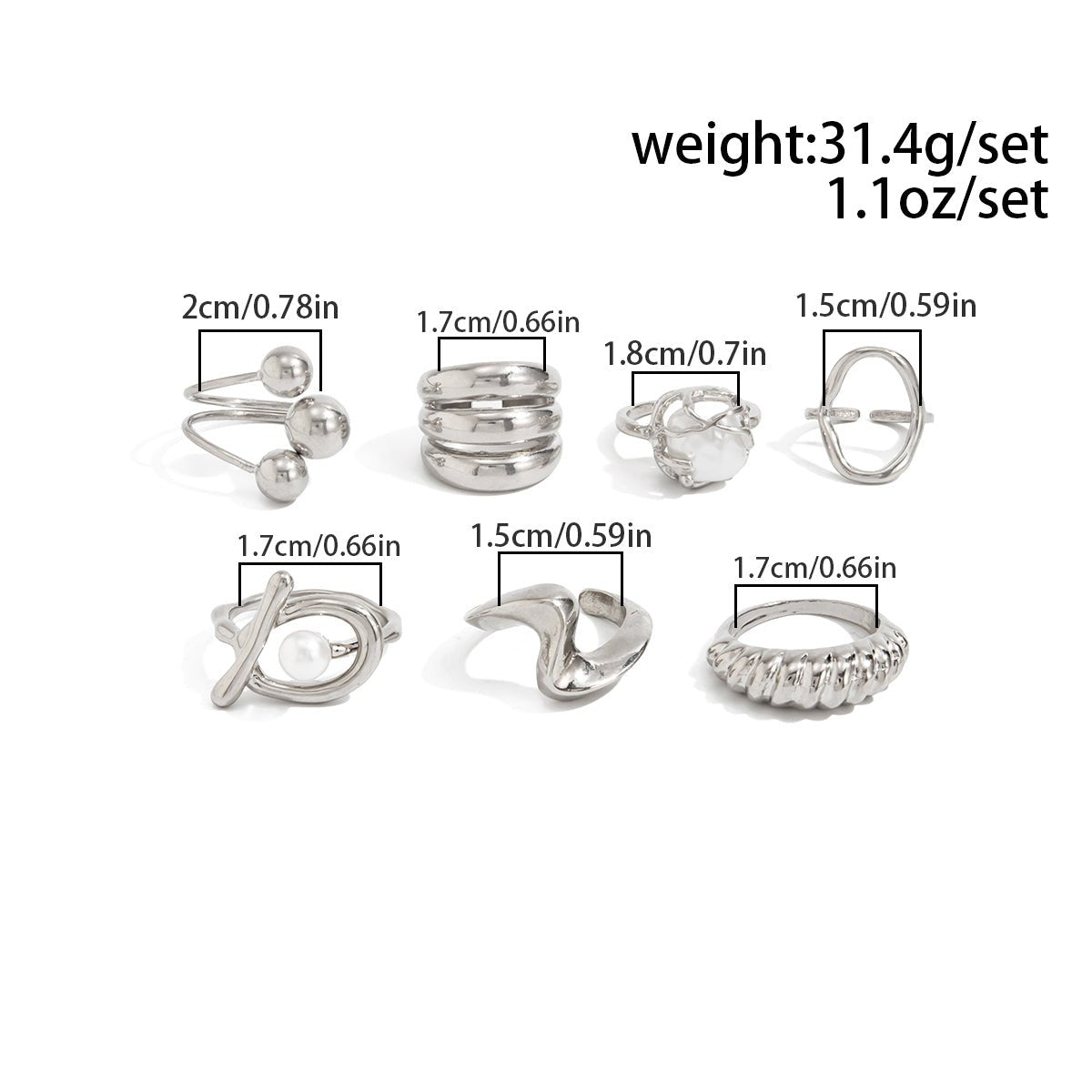 Pearl Ring Set 7pcs - Geometric Irregular Hollow Curved Statement - ArtGalleryZen